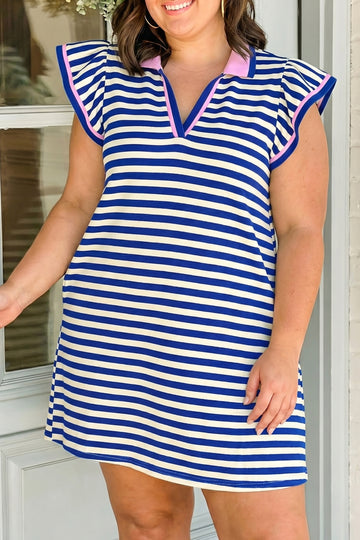 Striped Shift Dress Colorblock V Neck Short Sleeve Casual Summer – Dark Blue