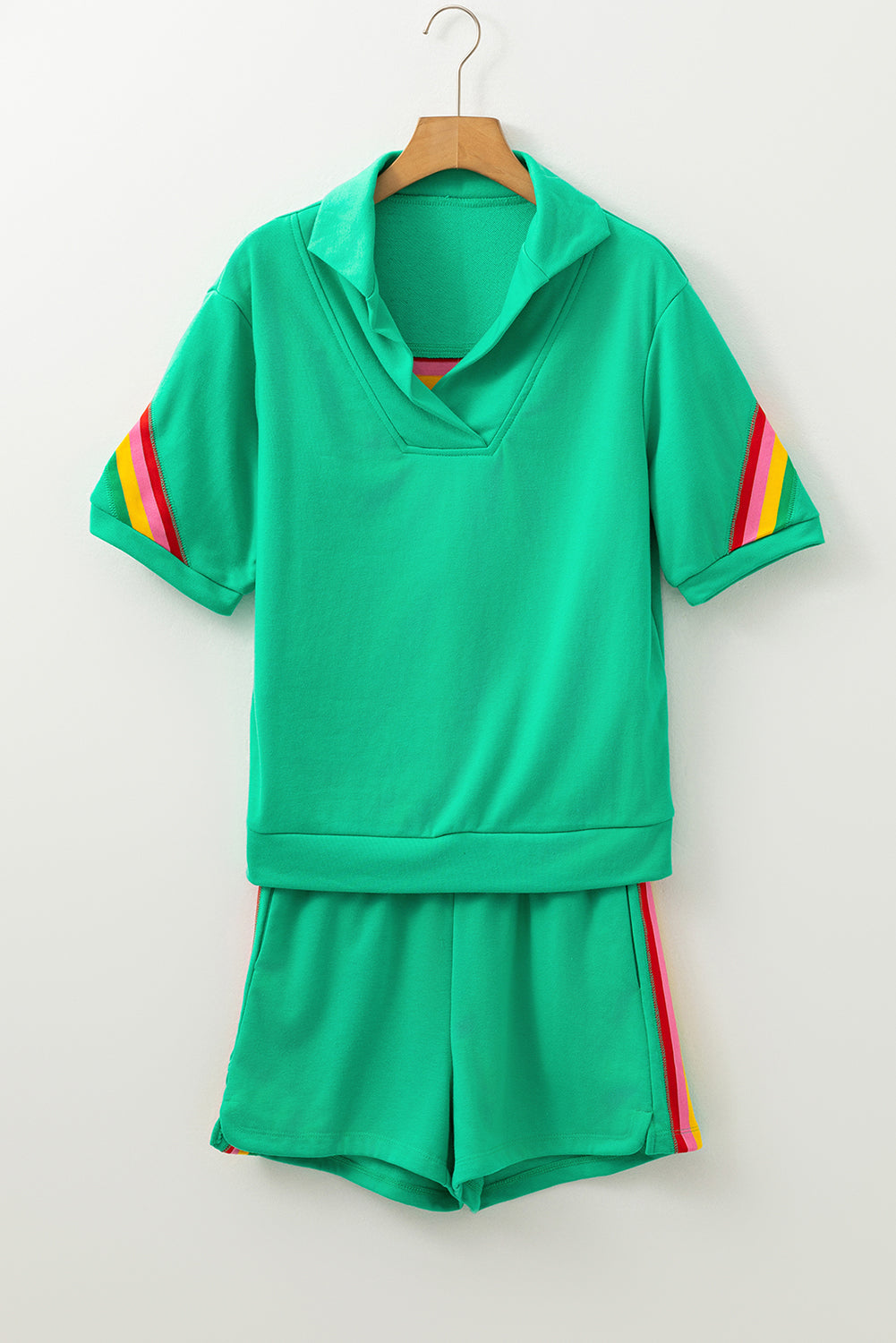 Sea Green Rainbow Colourblock Collared Short Sleeve Top 2 Piece Shorts Set eAura