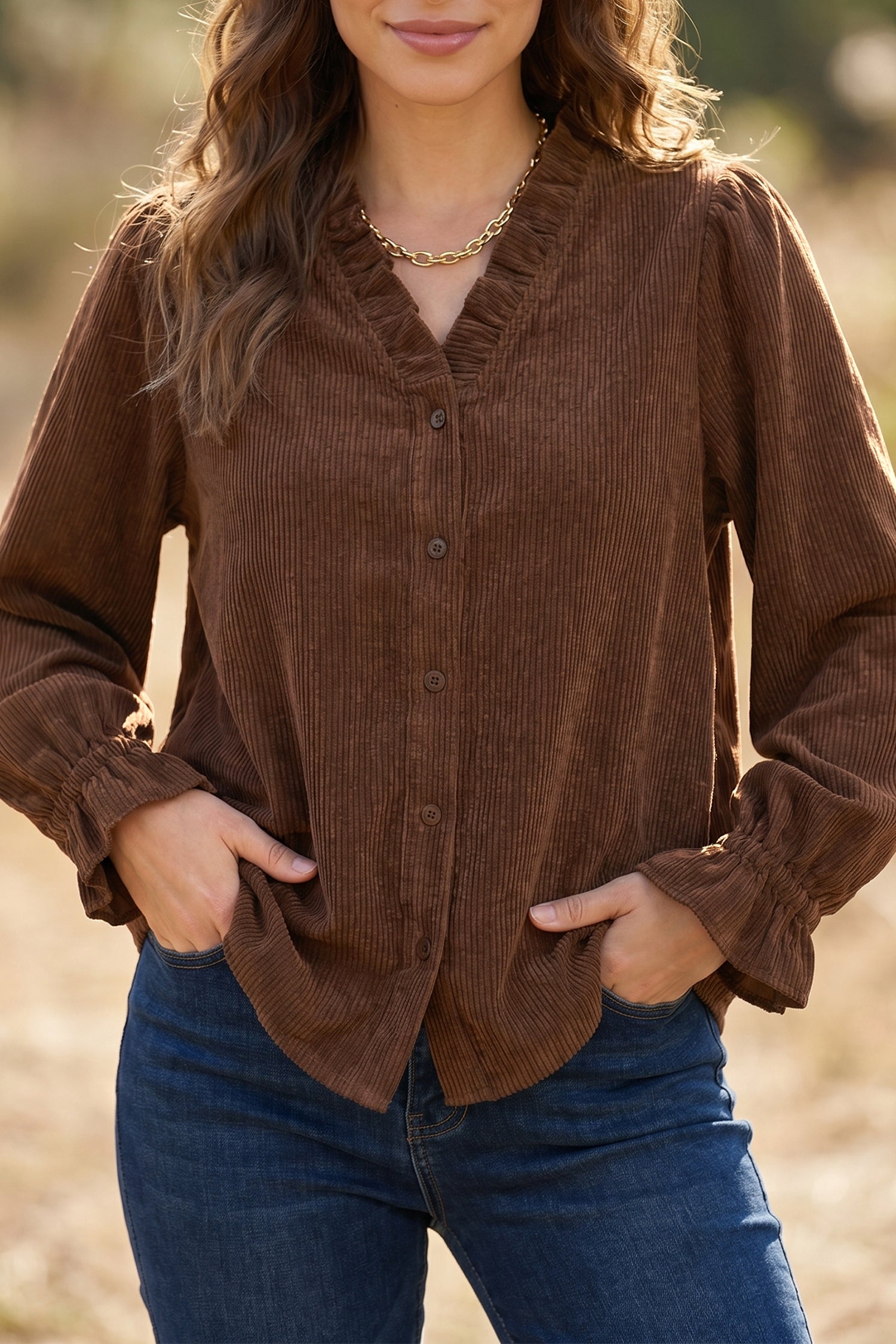 Coffee Solid Color Ruffle Trim V Neck Long Sleeve Button Corduroy Shakcet – Brown