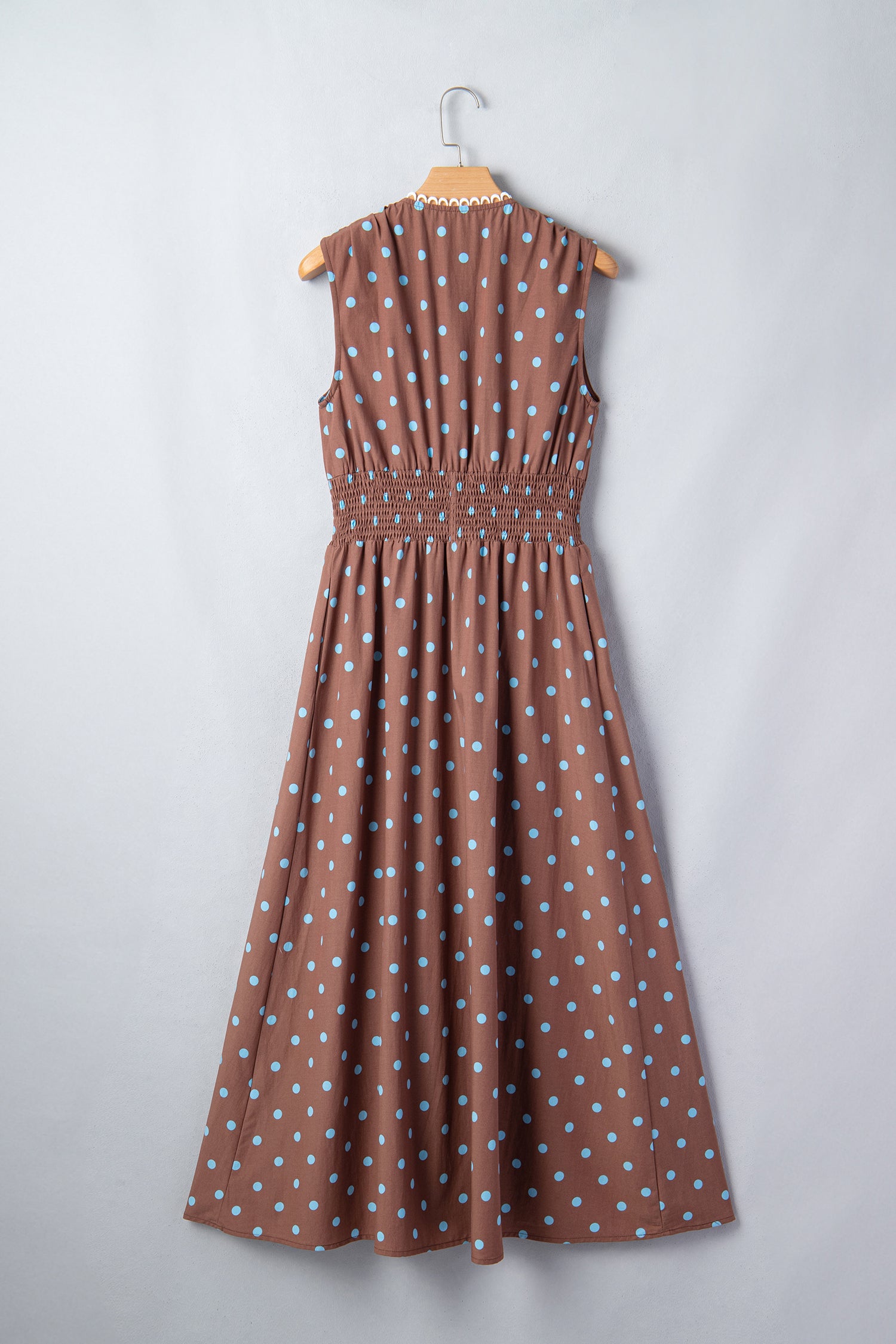 Polka Dot Print Contrast Trim V-Neck Zip Up Sleeveless Dress