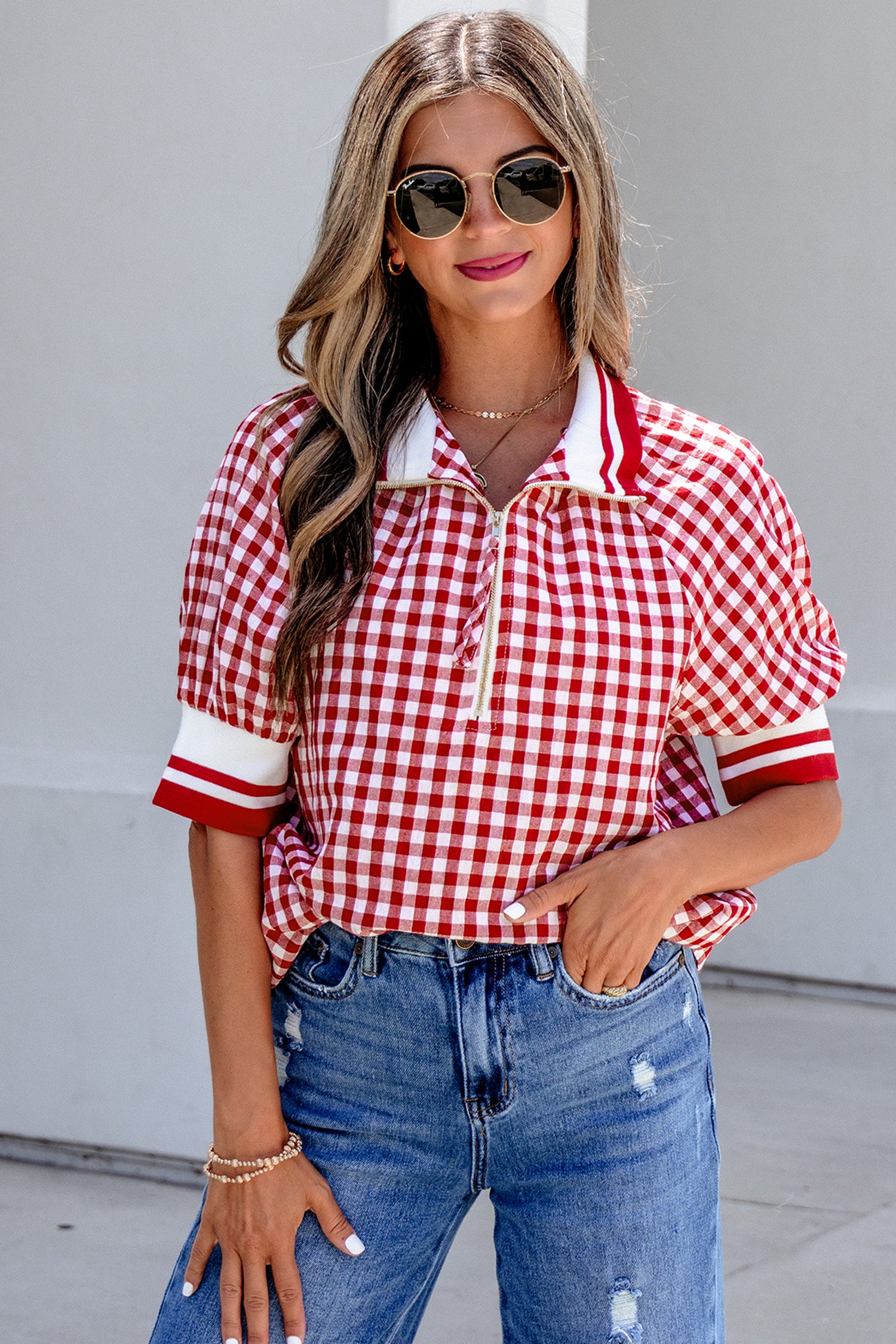 Gingham Striped Patchwork Half Zip Blouse – Red