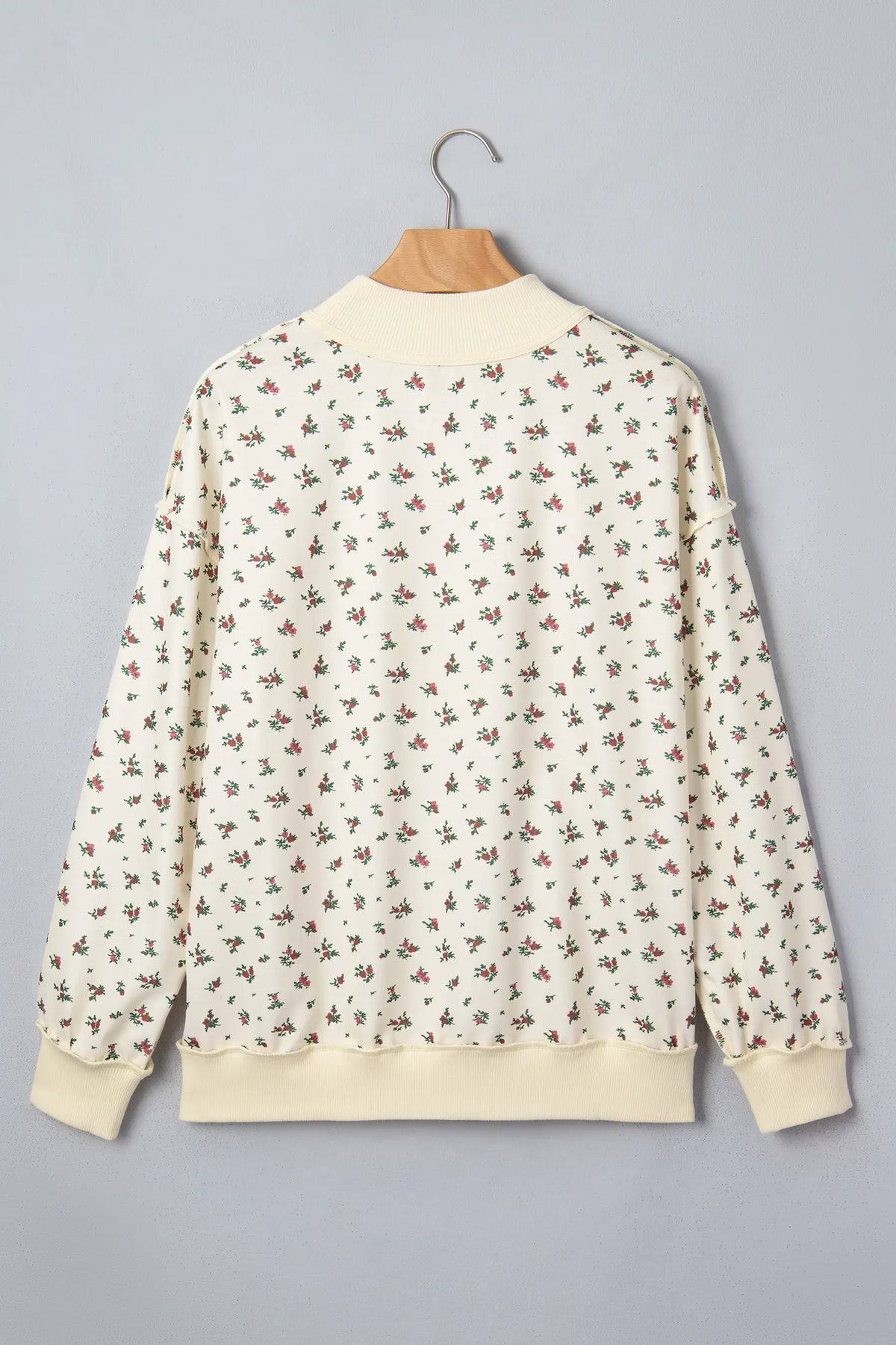 Floral Print Stand Neck Long Sleeve Slogan Sweatshirt – Beige