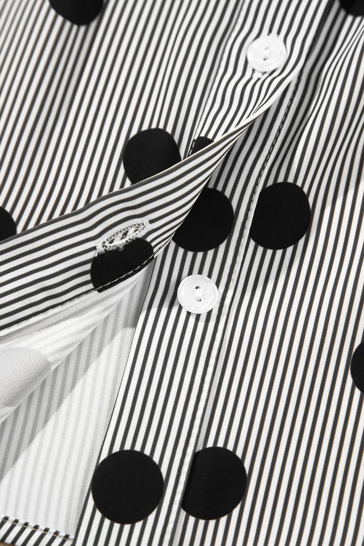 Polka Dot Striped Print Ruffle Stand Neck 3/4 Sleeve Shift Shirt – Black White