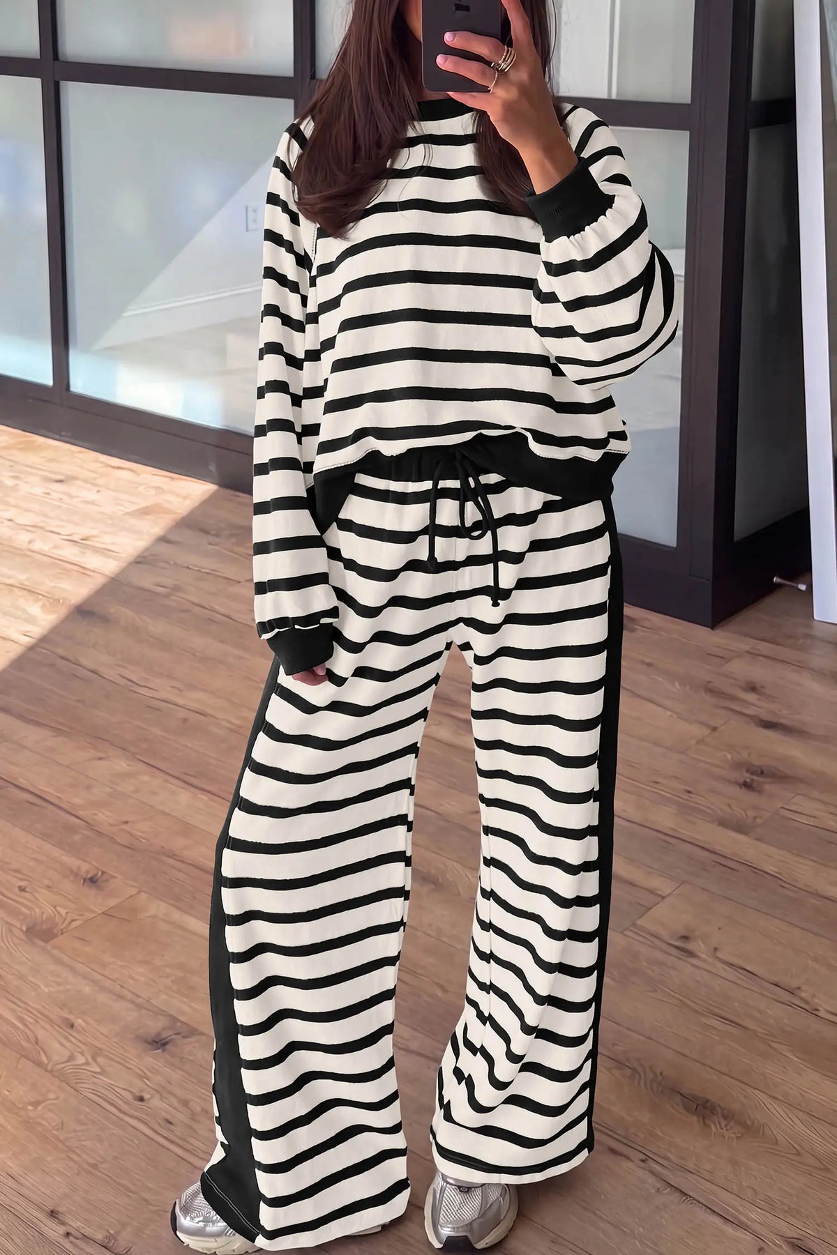 Relaxed Long Sleeve Top Colour Block Detail Drawstring Pant Set – Beige Stripe