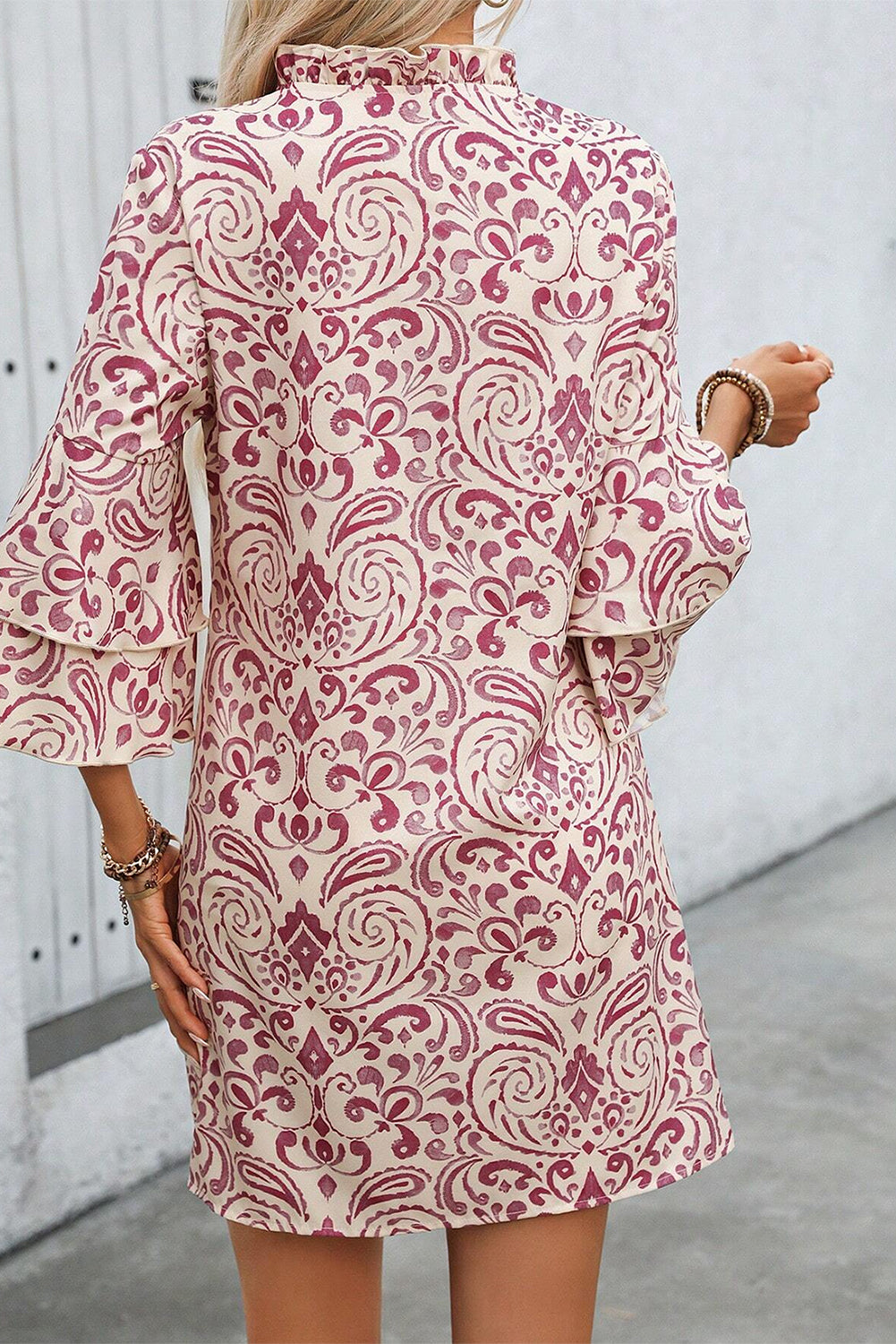 Pink Paisley Print Tiered 3/4 Sleeve Notched Neck Mini Dress eAura