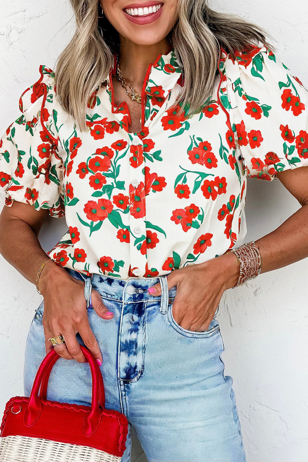 Red Floral Print Ruffled Puff Sleeve Elegant Summer Shirt Dear-Lover Dropshipping