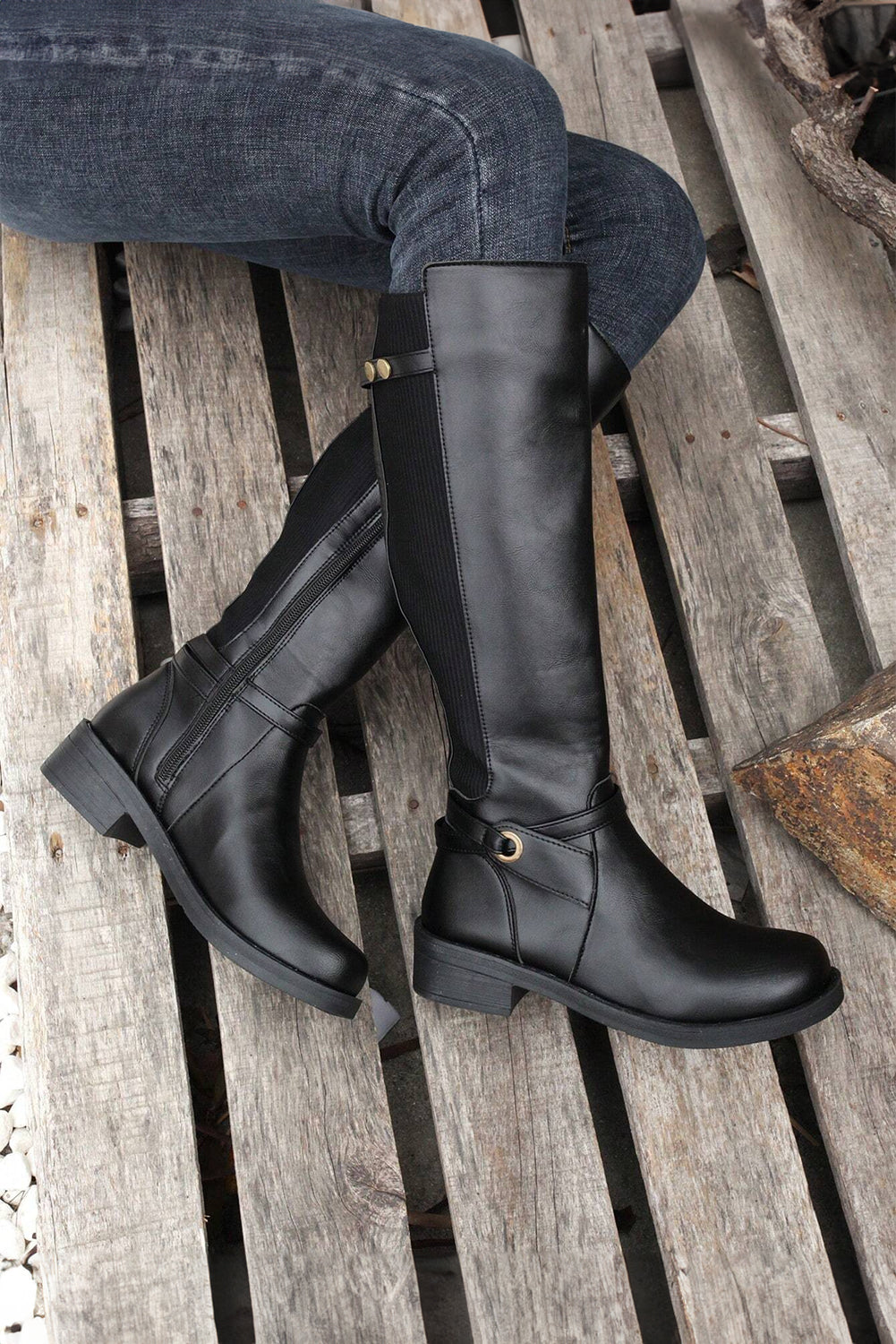 Black Side Zipper Knee High Chunky Low Heel Boots - eAura