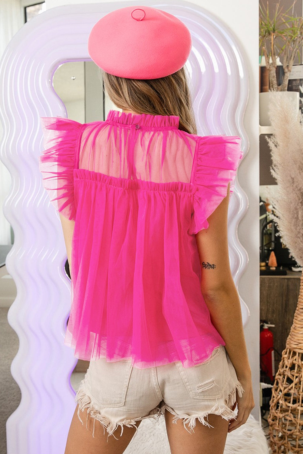 Strawberry Pink Tulle Ruffle Sleeve Flared Babydoll Blouse BB Fashion Outlet