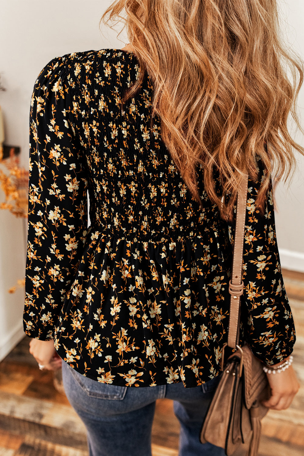 Boho Floral Smocked Bust Ruffled Peplum Blouse