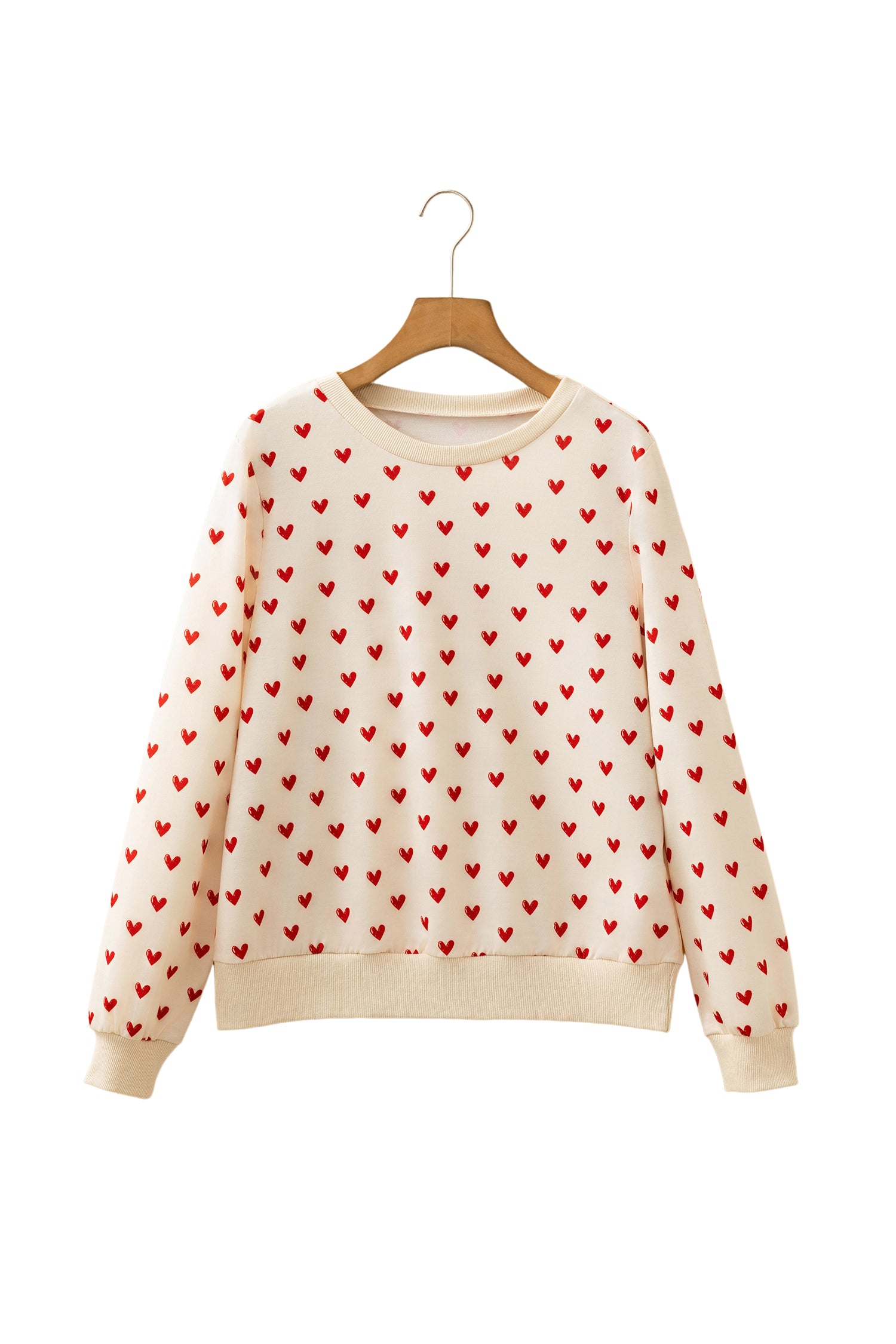 Heart Print Round Neck Long Sleeve Regular Fit Sweatshirt – Beige
