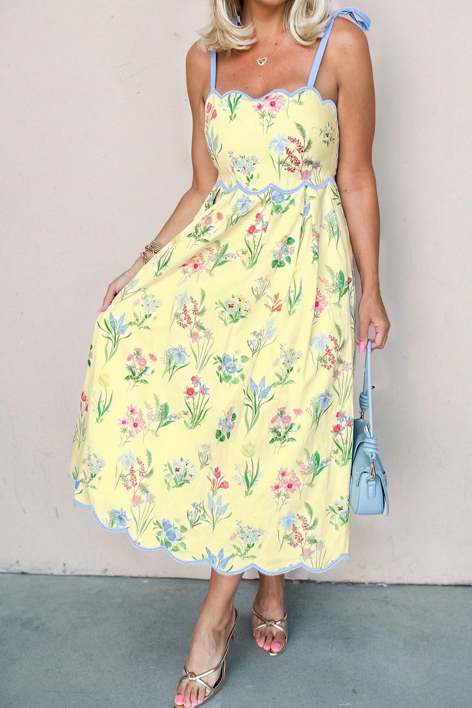 Floral Print Contrast Trim Self-Tie Straps Midi Dress