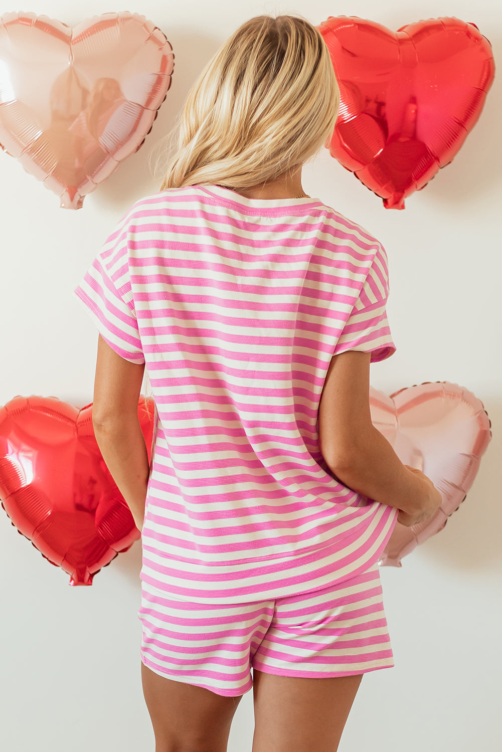 Rose Stripe Crew Neck T Shirt and Drawstring Shorts Set eAura