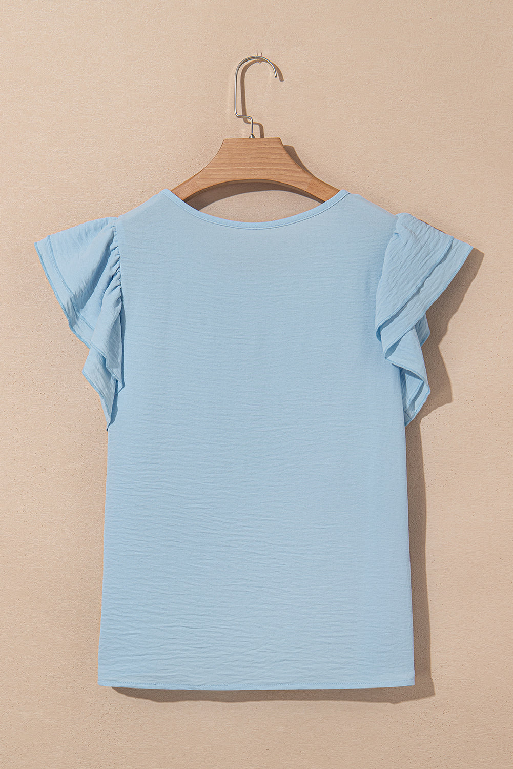 Mist Blue Solid Colour Ruffled Short Sleeve Casual Blouse eAura