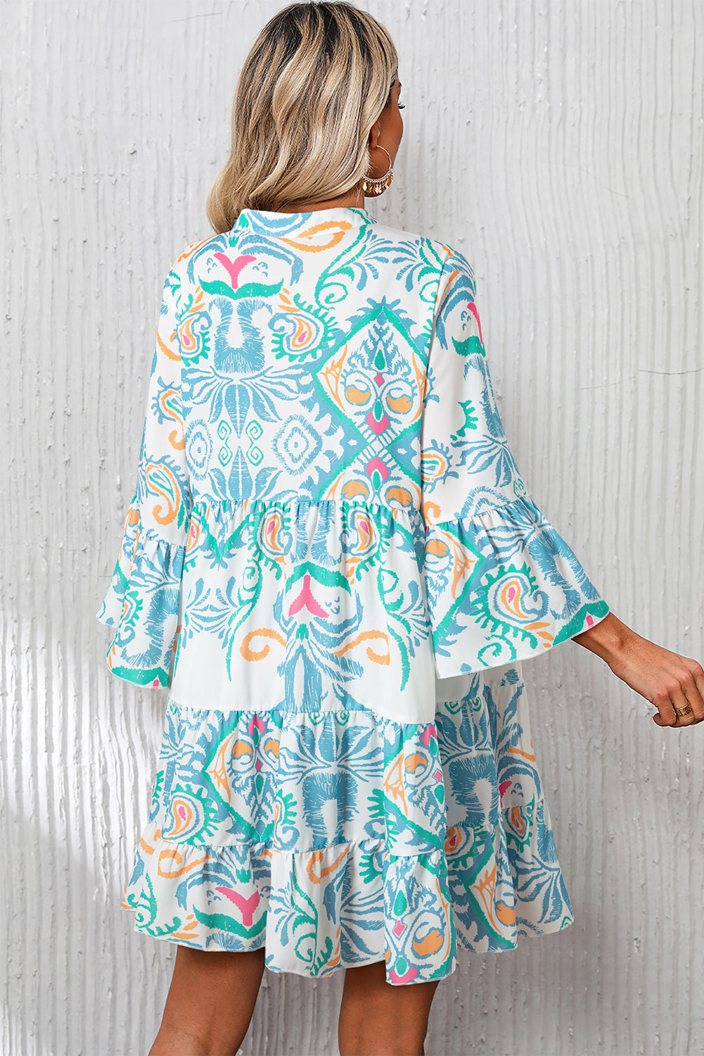 Tribal Bracelet Sleeve Buttoned Mini Dress – White Print