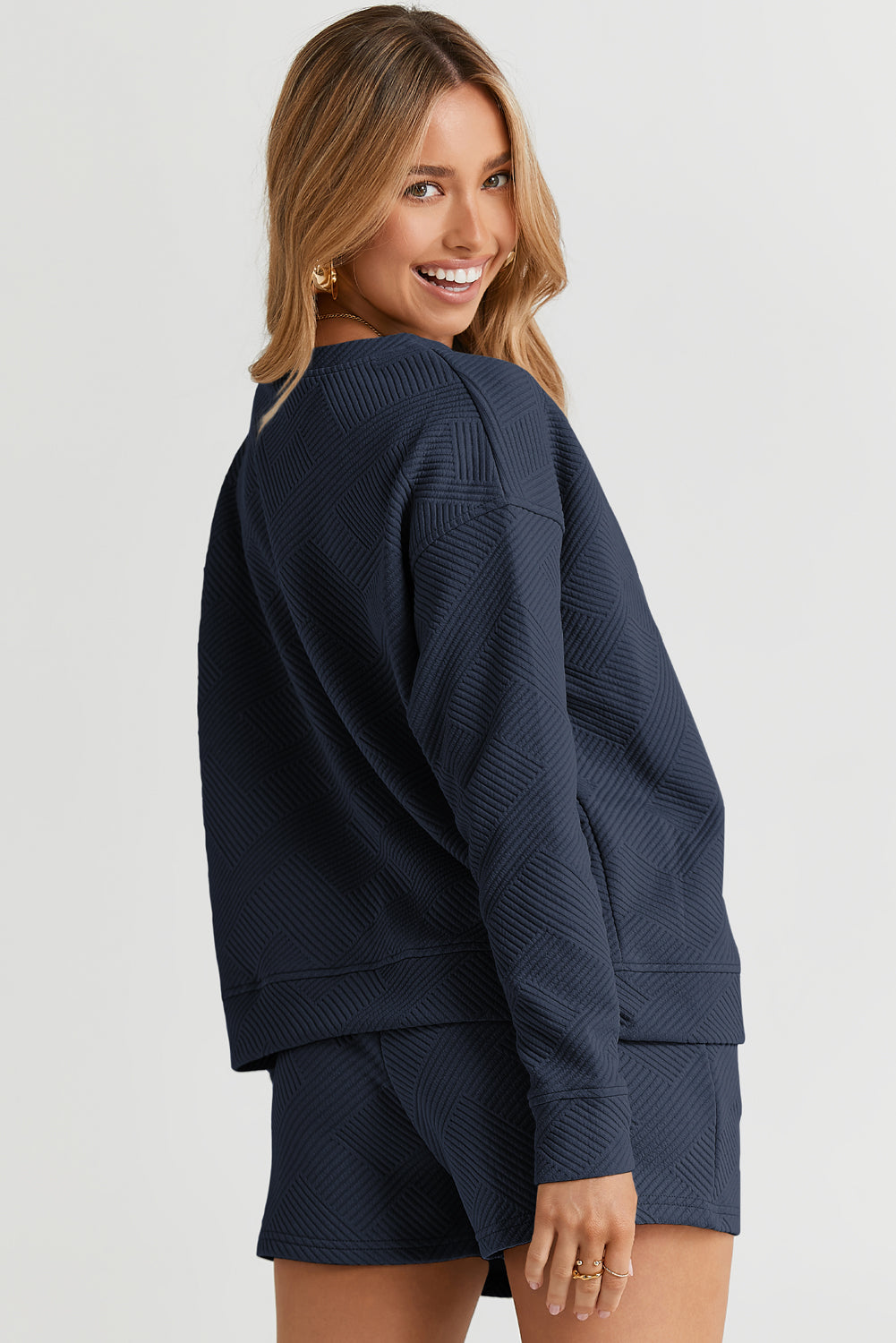 Navy Blue Textured Long Sleeve Top and Drawstring Shorts Set eAura
