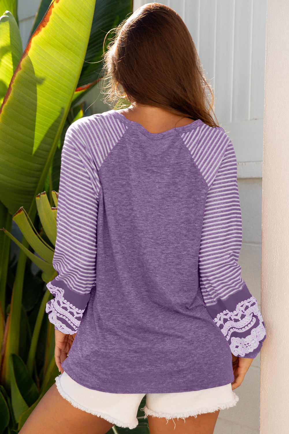 Contrast Print Striped Raglan Long Sleeve Loose Top - eAura