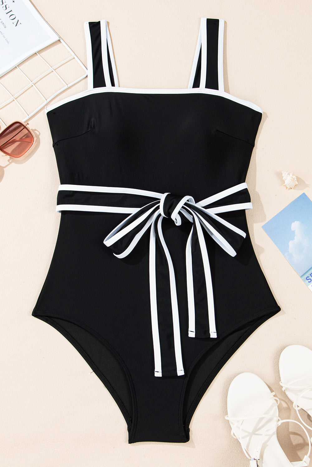 Black Colourblock Edge Belted One Piece Swimsuit eAura