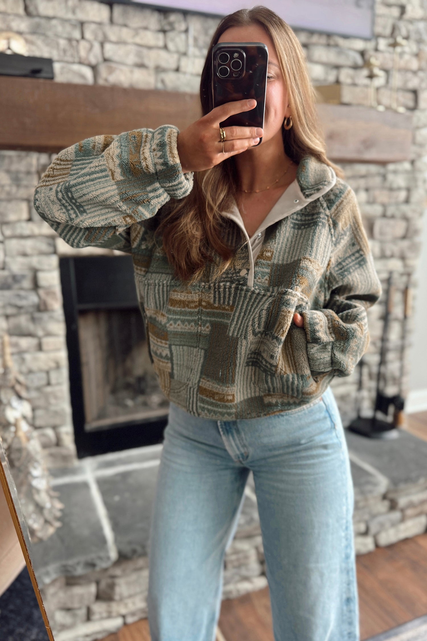 Western Print Fleece Pullover Long Sleeve Casual Fit Sweatshirt – Green
