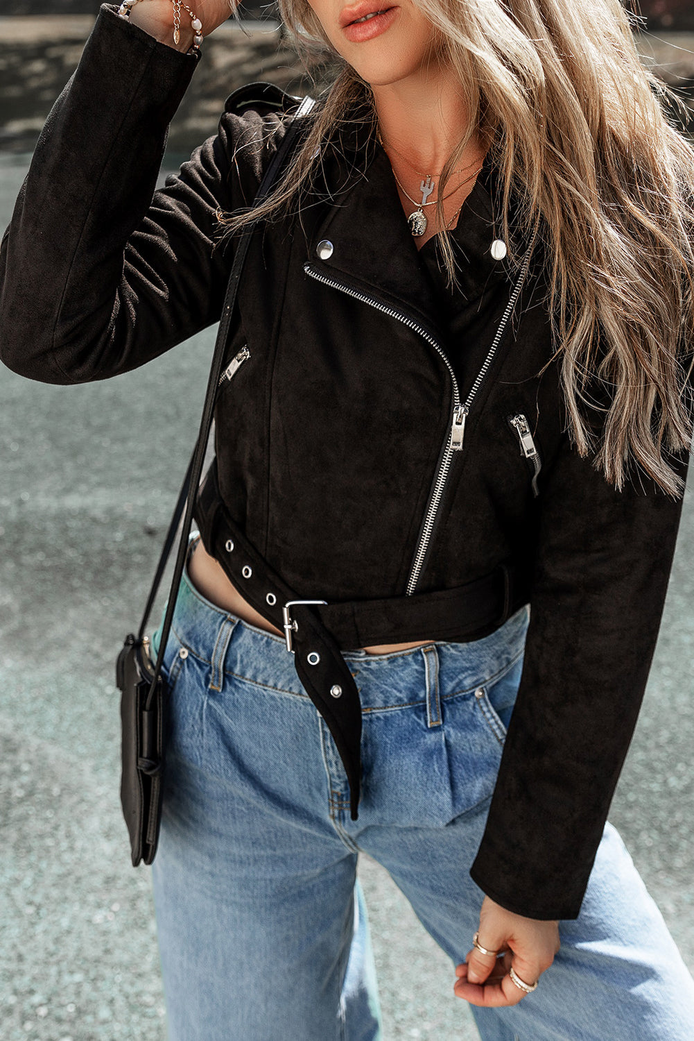 Black Asymmetric Zipper Belted Hem Jacket Beagle Boutique Fashion Outlet