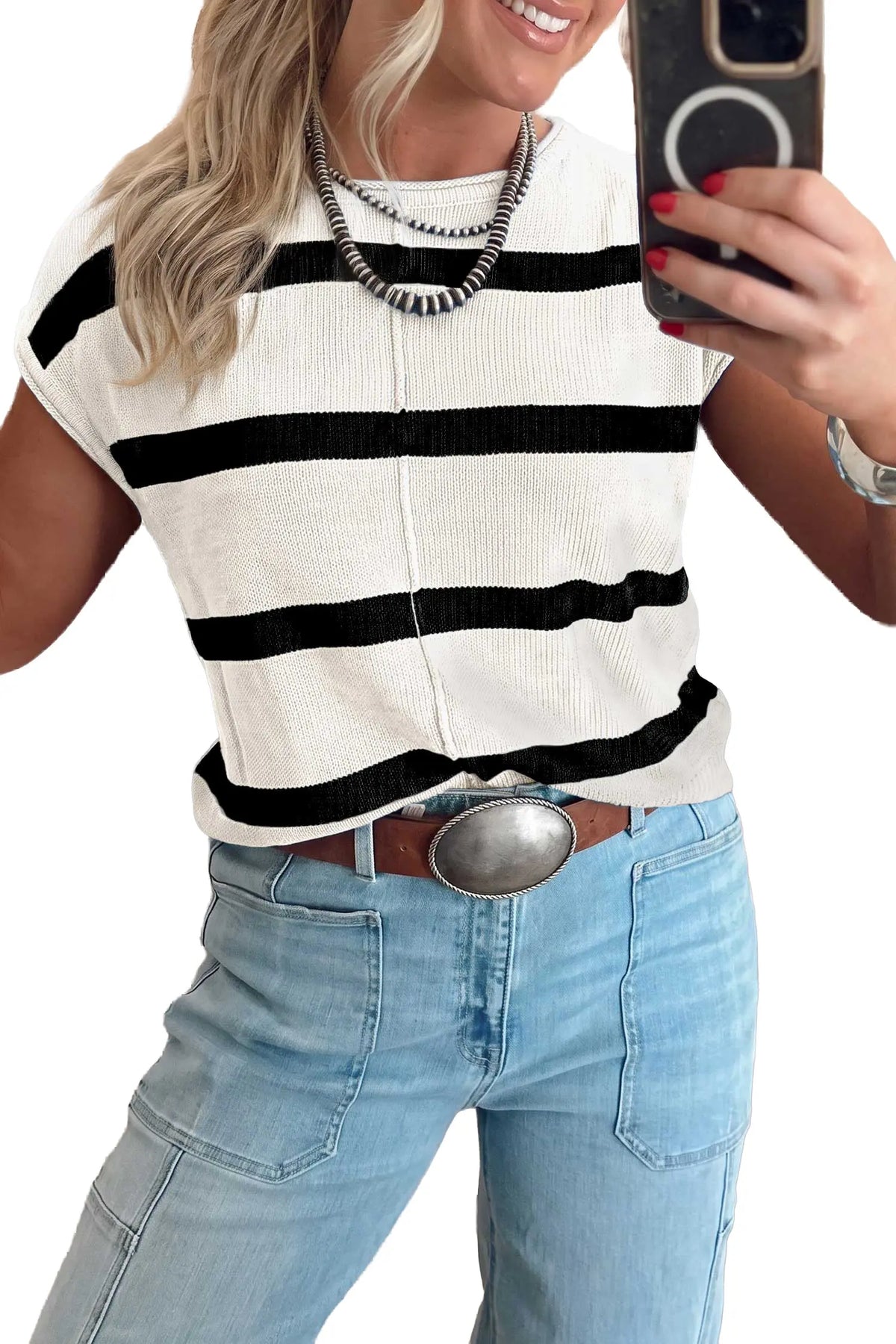 Knit Western Short Sleeve Sweater – Brown Stripe