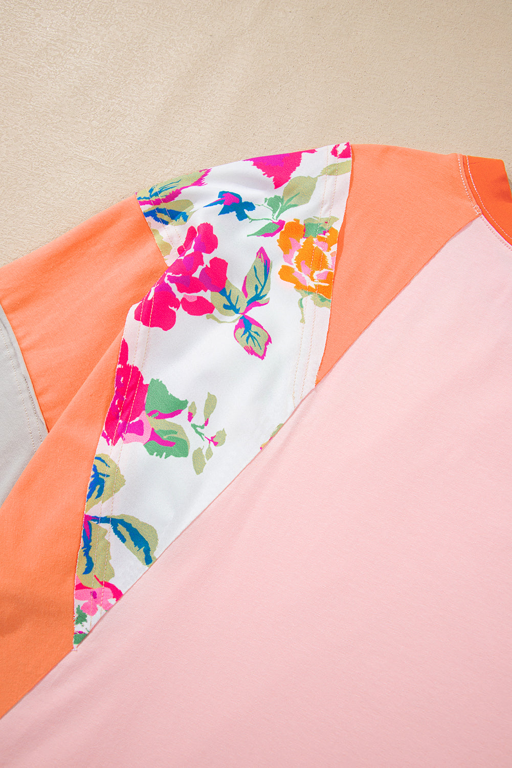 Orange Plus Size Floral Print Patchwork Raglan Half Sleeve Top BB Fashion Outlet