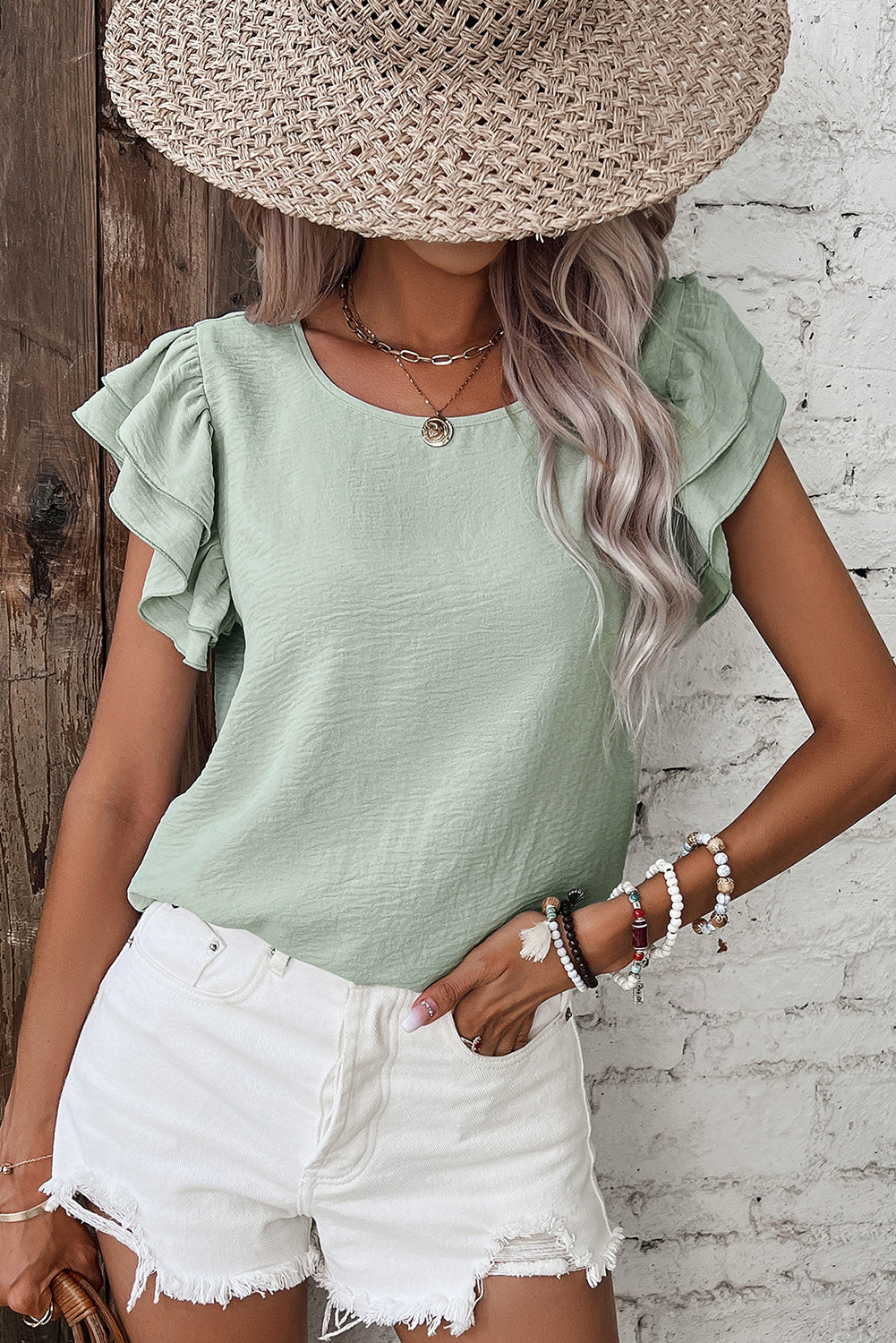 Clearly Aqua Solid Colour Ruffled Short Sleeve Casual Blouse eAura