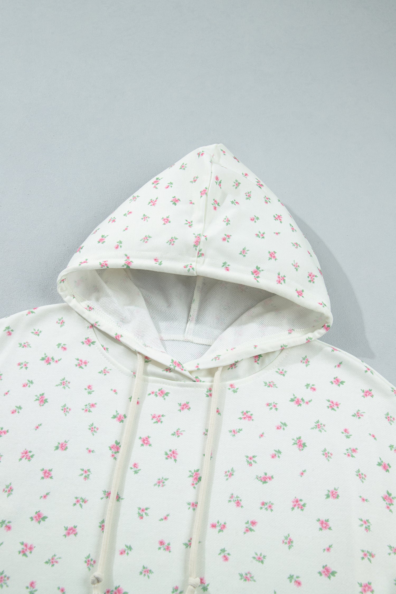 Floral Print Ribbing Drawstring Hem Long Sleeve Hoodie – White