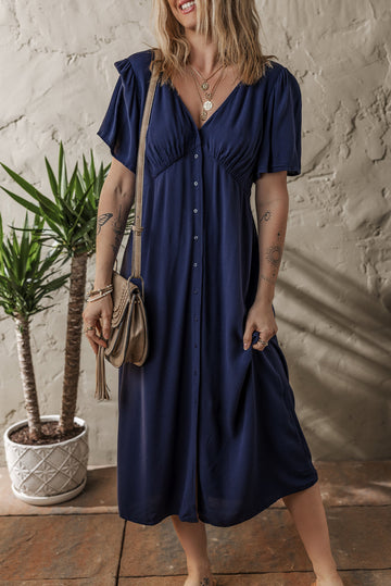 Navy Blue V Neck Buttoned Front Shirred Back Short Sleeve Midi Dress eAura
