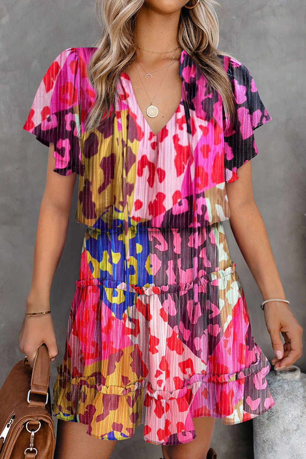 Rose Leopard Print Short Sleeve Tiered Ruffle Mini Dress eAura