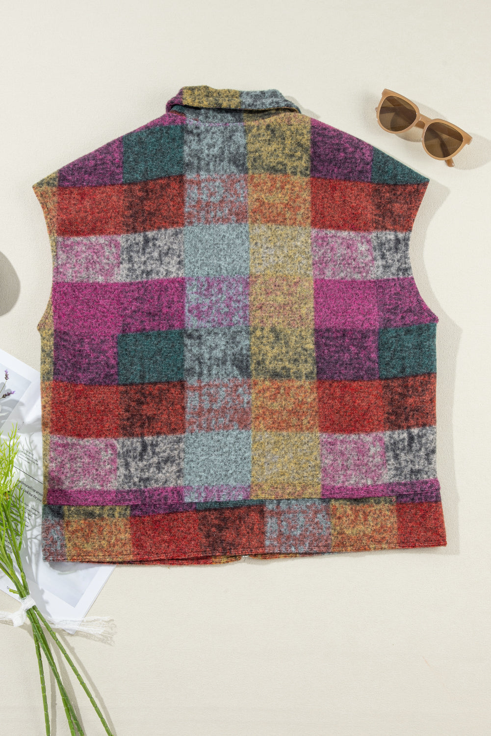 Multicolour Plaid Print Loose Sleeveless Jacket eAura
