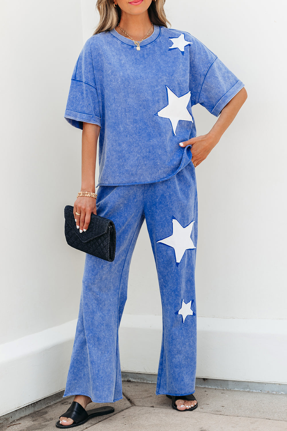 Ashleigh Blue Acid Wash Star Patched Rolled Trim Trousers Co-ord eAura