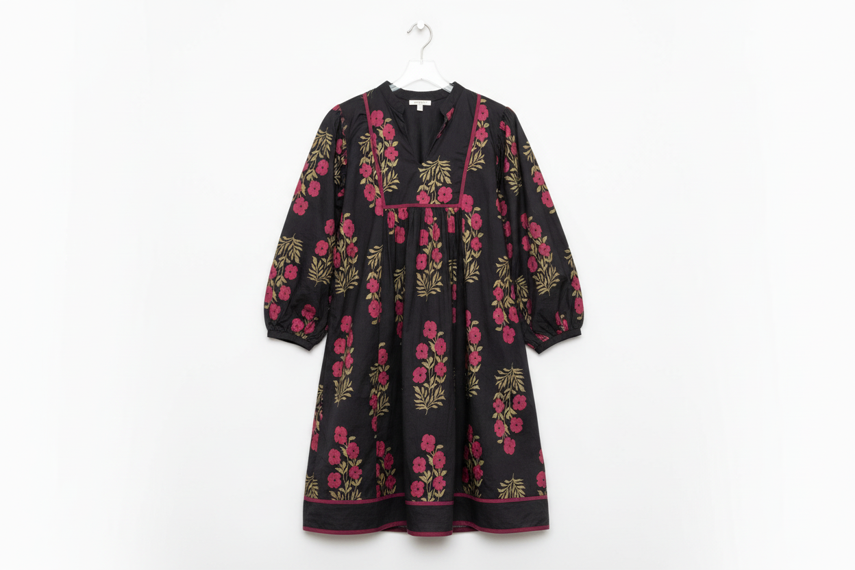 Black Floral Print Notched Neck Piping Trim Bracelet Sleeve Babydoll Dress