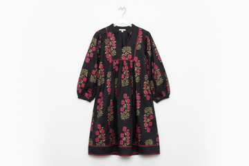 Black Floral Print Notched Neck Piping Trim Bracelet Sleeve Babydoll Dress