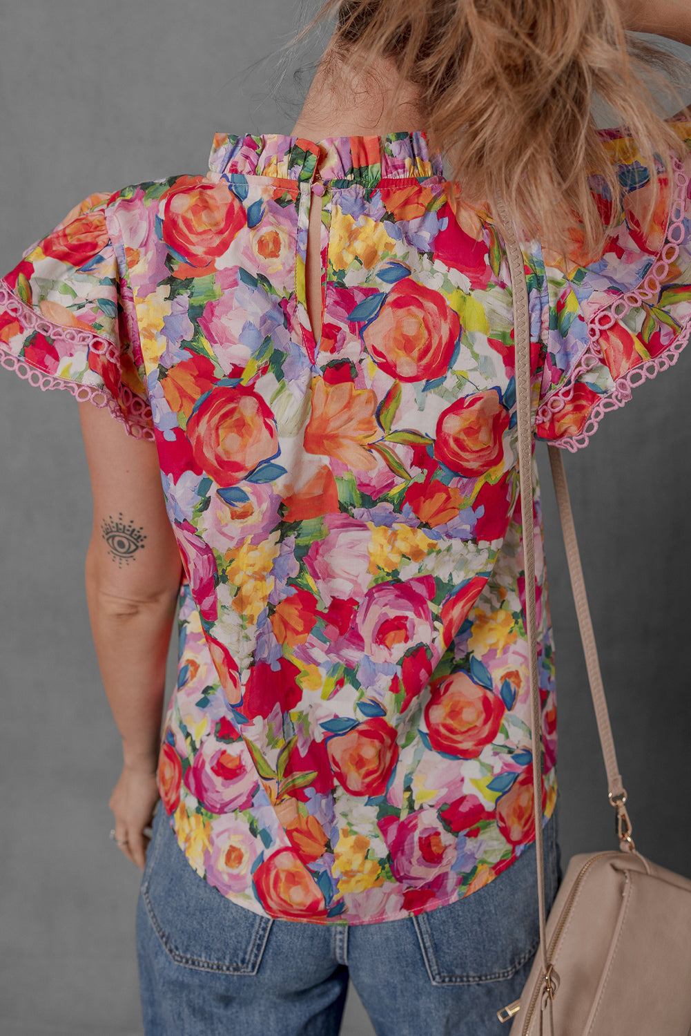 Multicolour Lace Trim Ruffle Short Sleeve Floral Blouse eAura