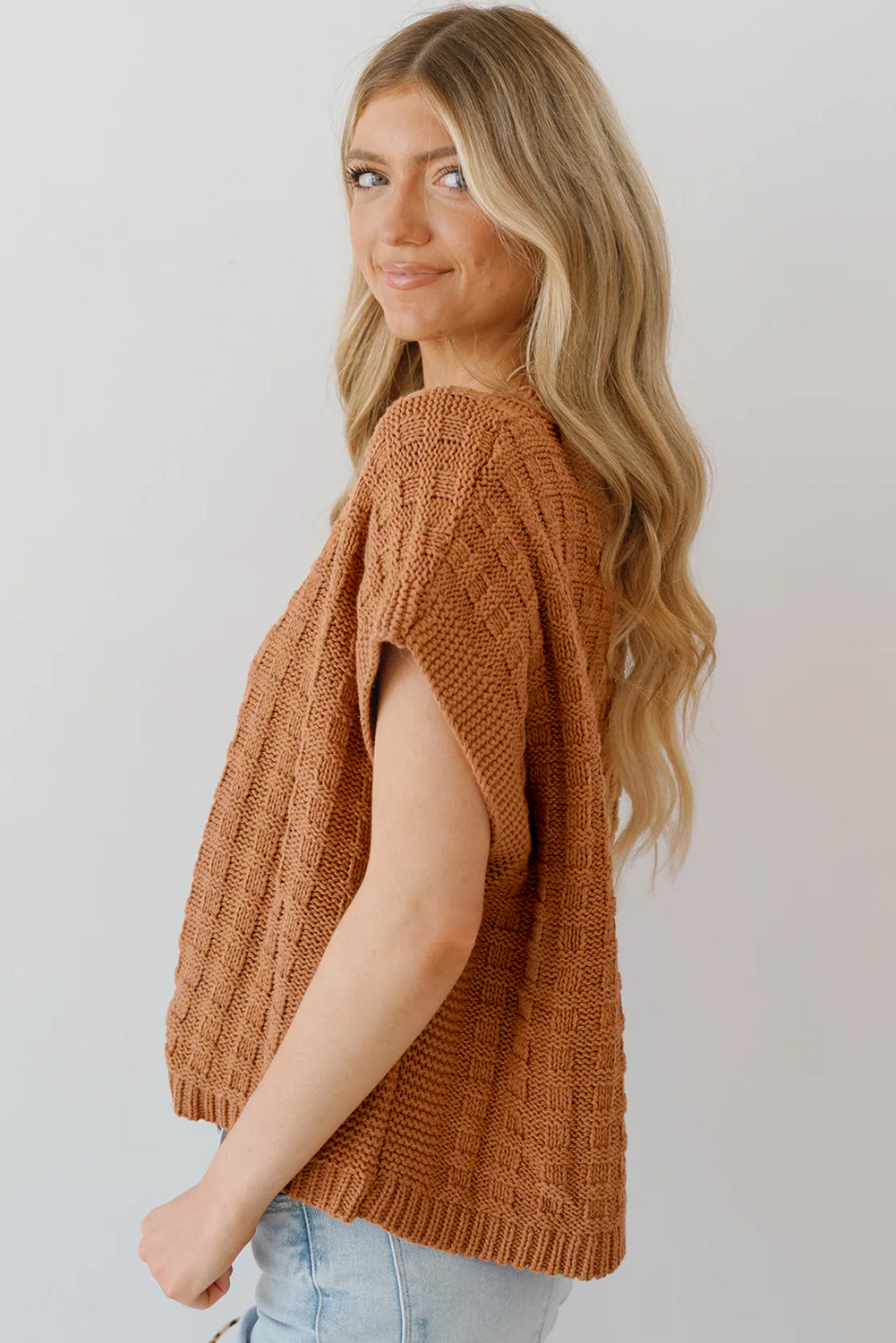 Camel Round Neck Textured Knit Sweater Vest eAura