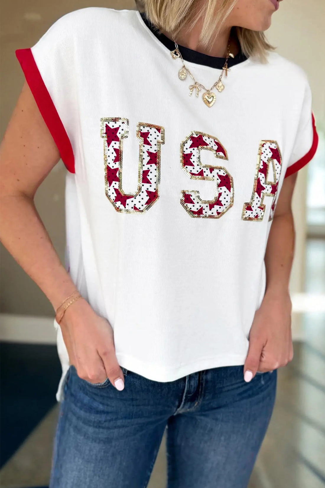 USA Sequin Colour Block Loose T-Shirt