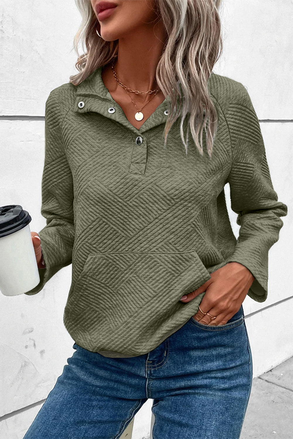 Laurel Green Textured Knit Buttoned Kangaroo Pocket Sweatshirt eAura