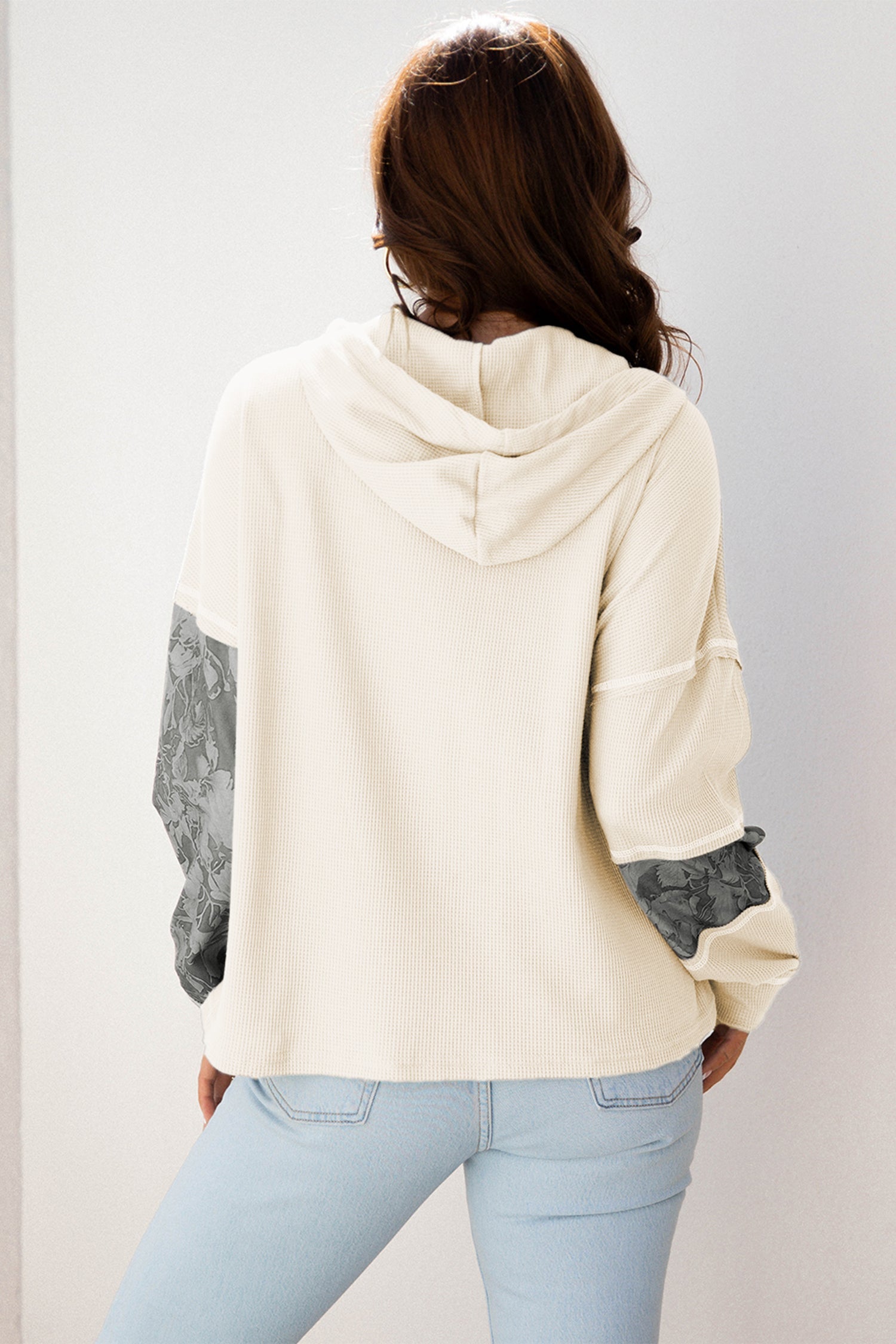 Waffle Patchwork Drawstring Hooded Long Sleeve Top - eAura
