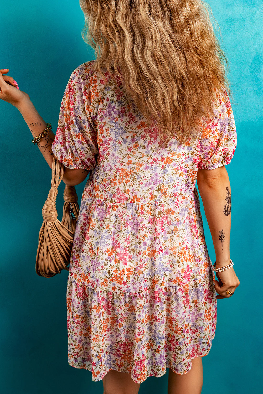 Red Floral Puff Sleeve V-Neck Tiered Mini Dress eAura