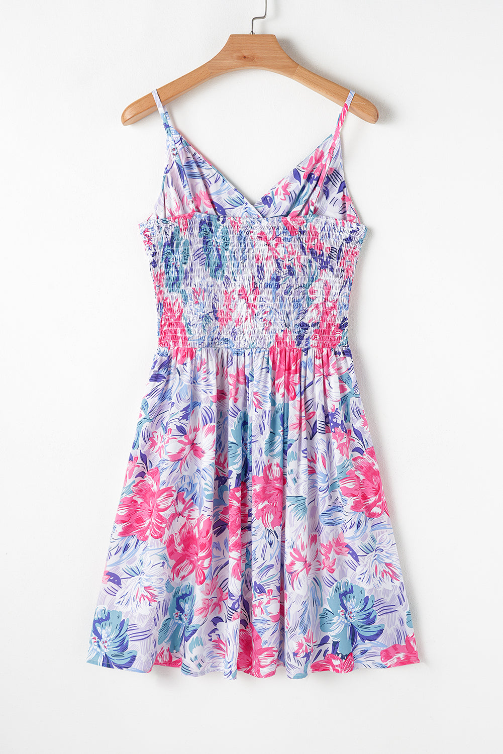 Red Floral Spaghetti Strap Surplice Neck Shirred Waist Mini Dress eAura