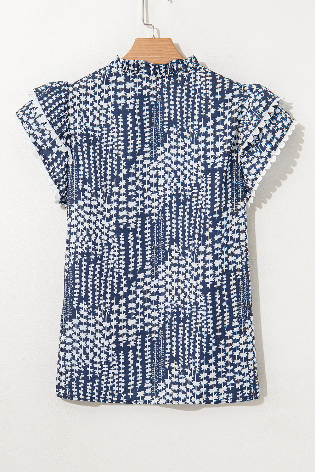 Sky Blue Abstract Print Ric Rac Trim Flutter Sleeve Notch V Neck Blouse eAura
