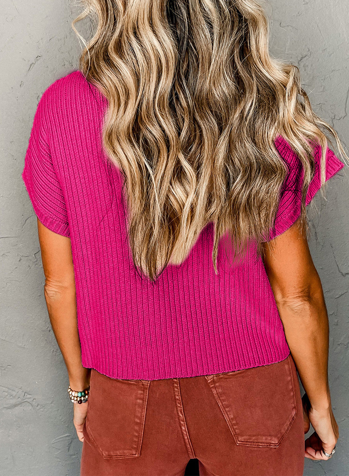 Patch Pocket Ribbed Knit Short Sleeve Sweater eAura