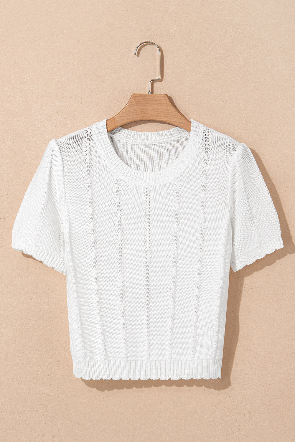 White Pointelle Knit Short Puff Sleeve Crewneck Sweater eAura