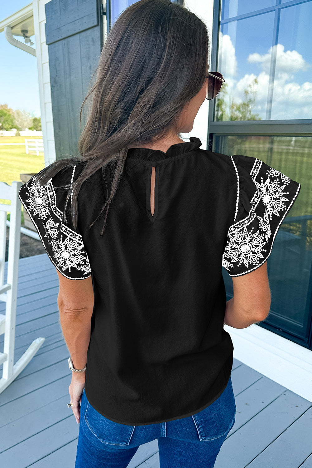 White Embroidered Ruffled Sleeve Frilled Collar Blouse eAura