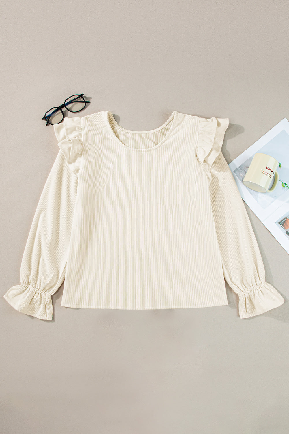 Beige Ruffled Flounce Sleeve Corduroy Blouse eAura