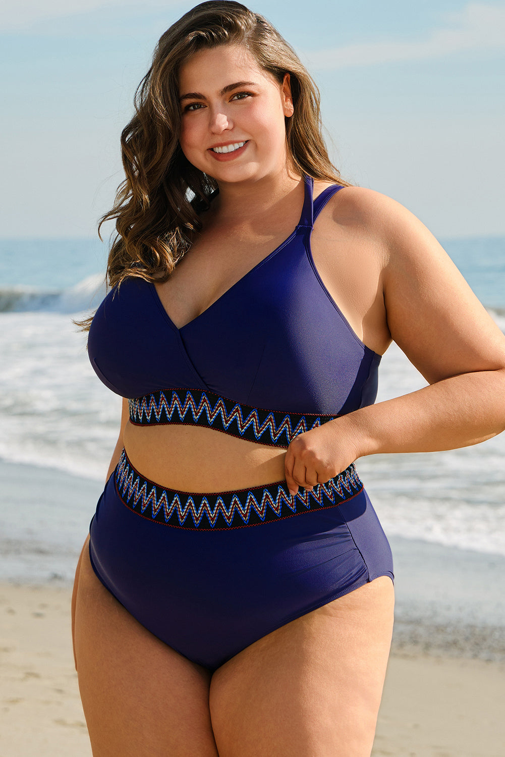 Navy Blue Embroidered Trim Wrap Tie Knot Plus Size High Waisted Bikini BB Fashion Outlet