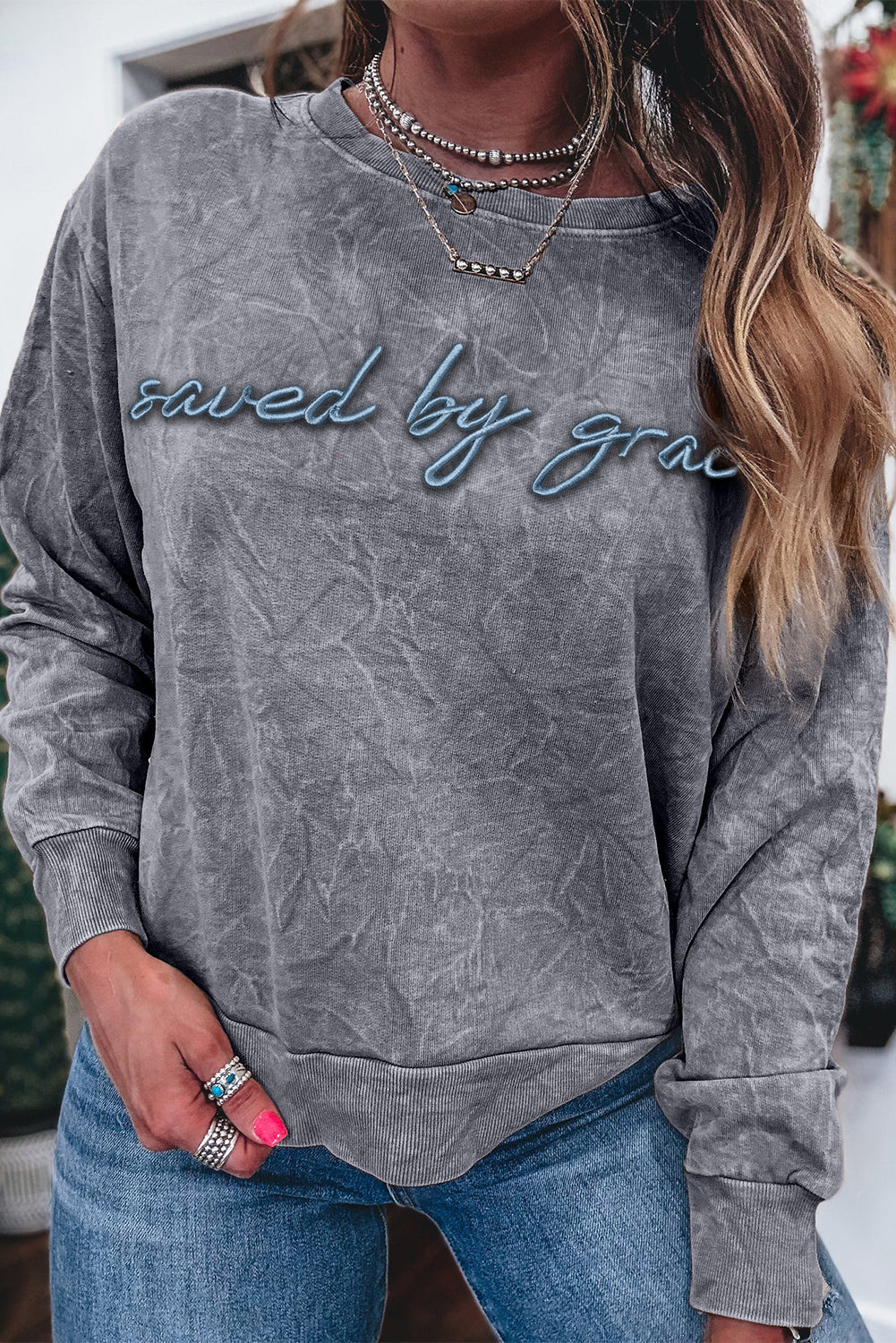 "Saved By Grace" Letter Embroidery Mineral Wash Loose Sweatshirt - eAura