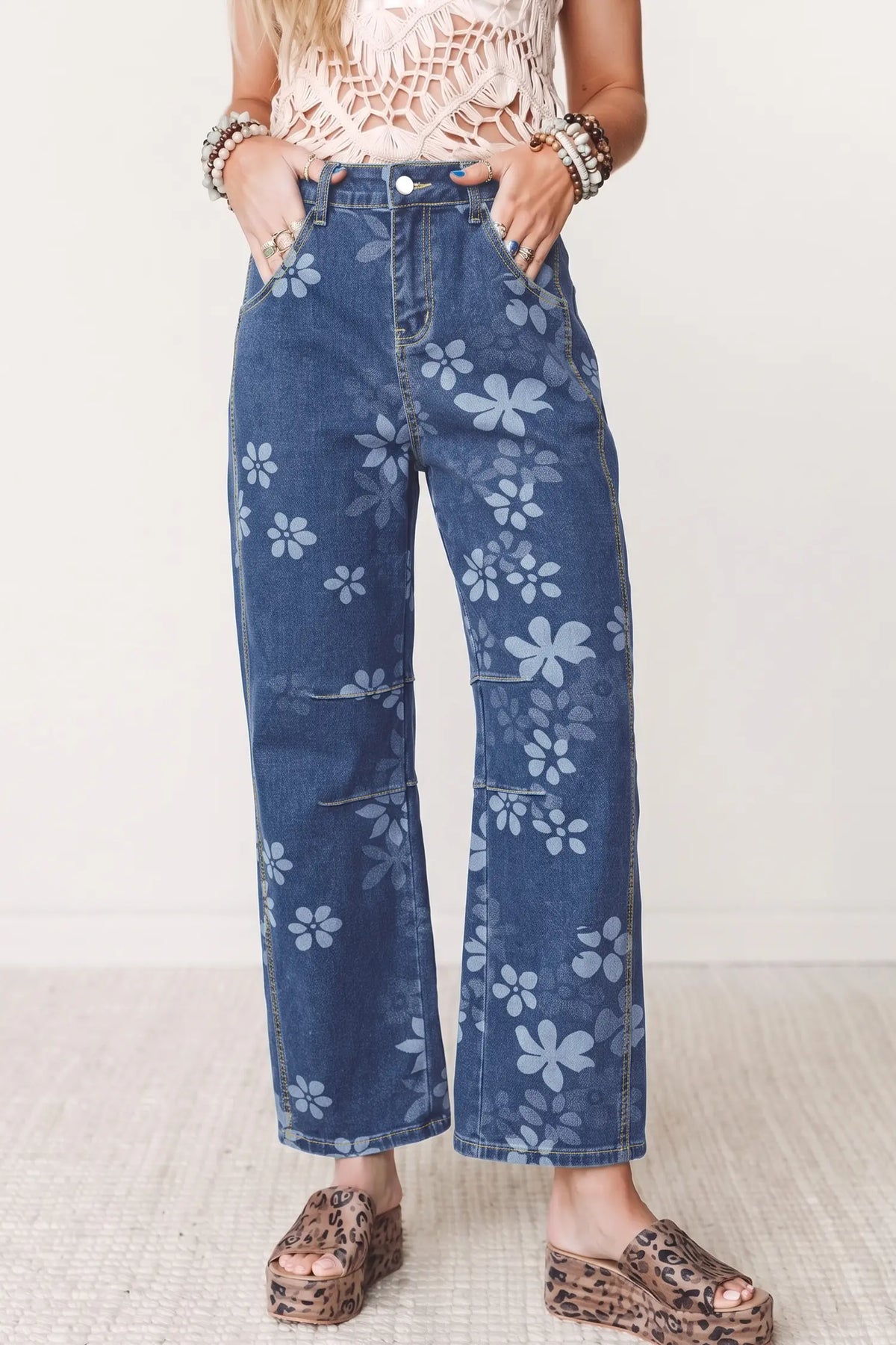 Blue Floral Print Ankle Length Casual Pocket Jeans