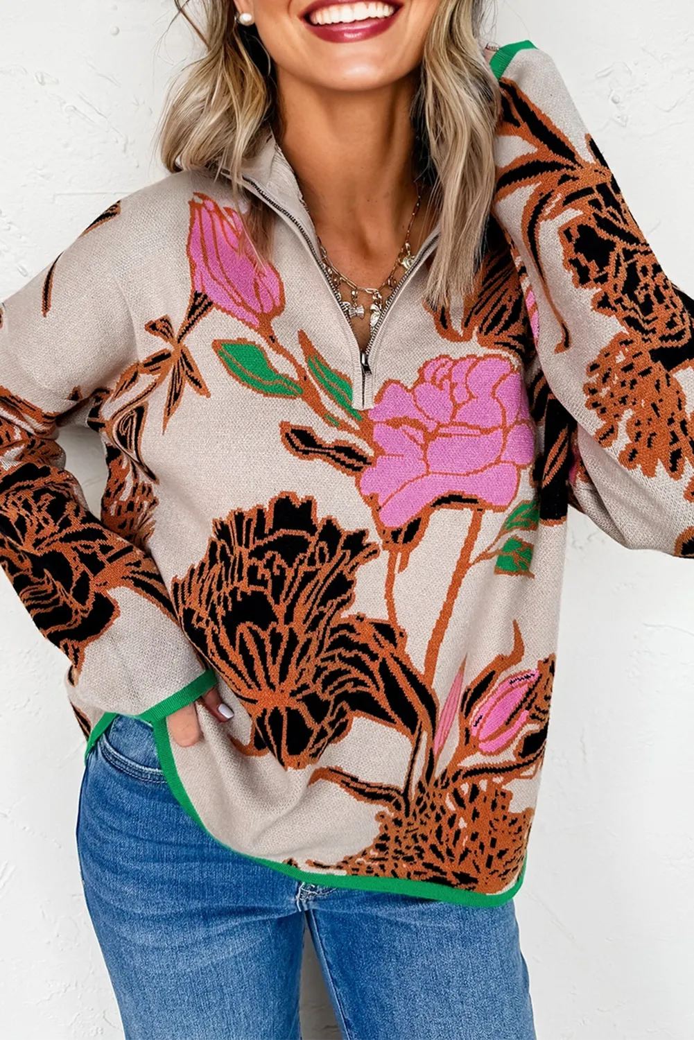 Floral Pattern Knit Quarter Zip Stand Neck Sweater - Sweaters & Cardigans/Sweaters