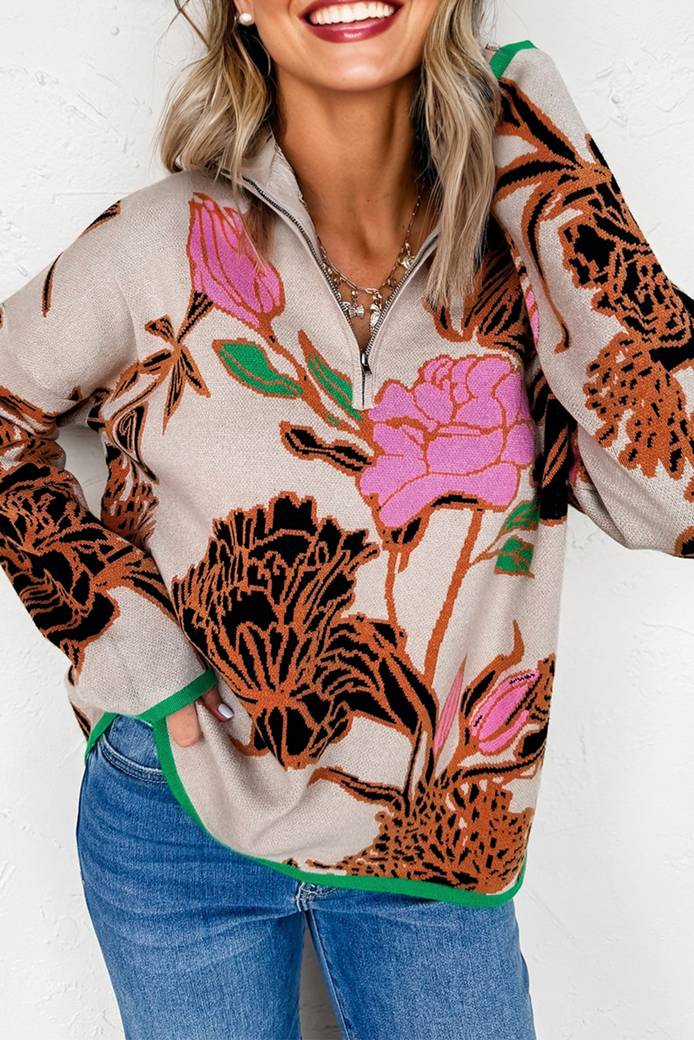 Floral Pattern Knit Quarter Zip Stand Neck Sweater - Beige / S - Sweaters & Cardigans/Sweaters